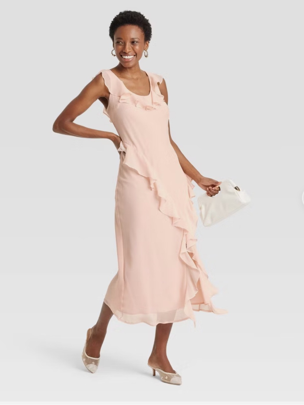a new day Blush Pink Ruffle-Trim Midi Dress